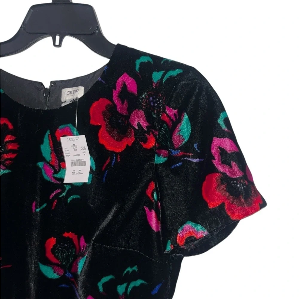 J. Crew Black Velvet Velour Short Sleeve Floral Flutter Dress Size 6 NWT